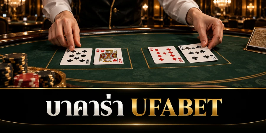 บาคาร่า UFABET ภาพประกอบโต๊ะบาคาร่า ไพ่สองฝั่ง และมือดีลเลอร์ในบรรยากาศคาสิโน