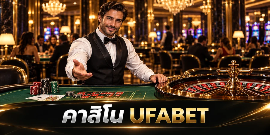 คาสิโน UFABET ภาพประกอบดีลเลอร์ชายหน้าโต๊ะเกมในบรรยากาศคาสิโน