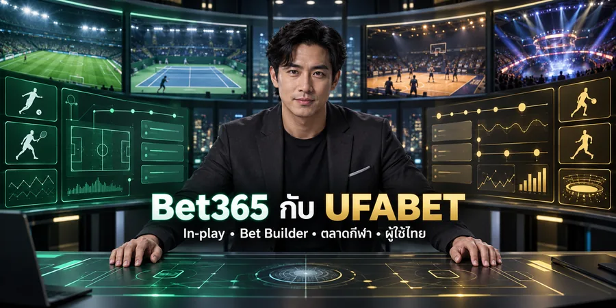 นักวิเคราะห์กีฬากลางห้องถ่ายทอดสดเปรียบเทียบ Bet365 กับ UFABET พร้อมฟุตบอล เทนนิส บาสเกตบอล และแผง In-play เชิงสัญลักษณ์