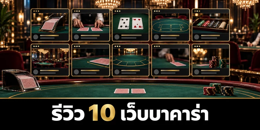 รีวิว 10 เว็บบาคาร่า ภาพการ์ดเปรียบเทียบบาคาร่าสิบช่องเรียงสองแถวในบรรยากาศคาสิโนสด
