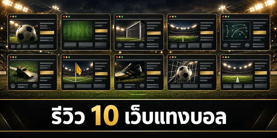 รีวิว 10 เว็บแทงบอล ภาพประกอบหน้าต่างเว็บฟุตบอล 10 ช่องเรียงสองแถวบนฉากสนามฟุตบอล