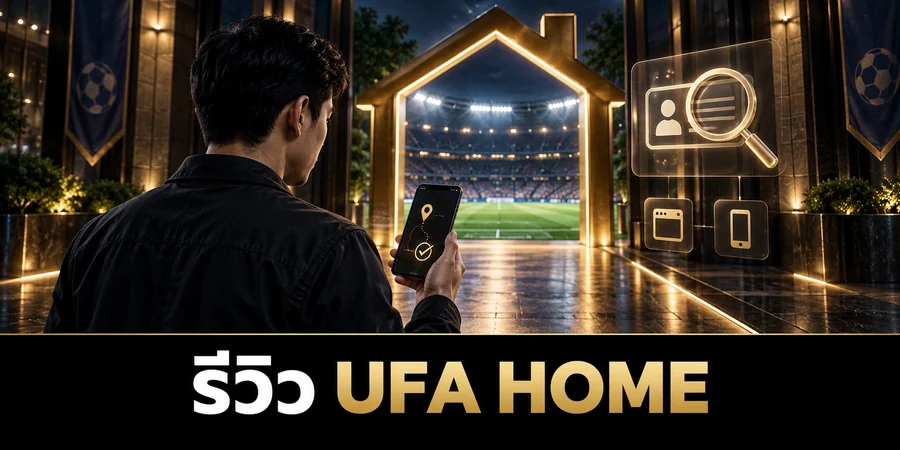 รีวิว UFA HOME ภาพผู้ใช้มือถือกำลังตรวจเส้นทางผ่านประตูดิจิทัลไปยังสนามฟุตบอล