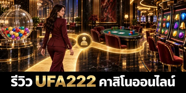รีวิว UFA222 คาสิโนออนไลน์ ผู้ใช้งานหญิงเดินตามเส้นทางจากโซนหวยผ่านบัญชีสมาชิกไปยังโต๊ะบาคาร่าและสล็อต