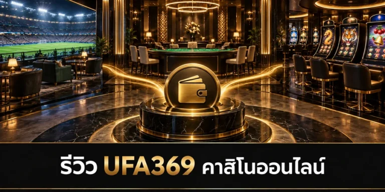 รีวิว UFA369 คาสิโนออนไลน์ กระเป๋ากลางสีทองเชื่อมโซนฟุตบอล โต๊ะคาสิโนสด และสล็อต