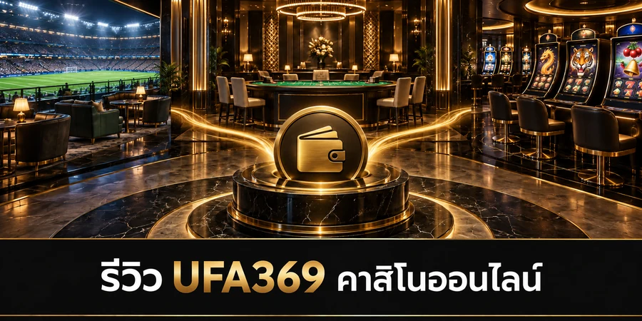 รีวิว UFA369 คาสิโนออนไลน์ กระเป๋ากลางสีทองเชื่อมโซนฟุตบอล โต๊ะคาสิโนสด และสล็อต
