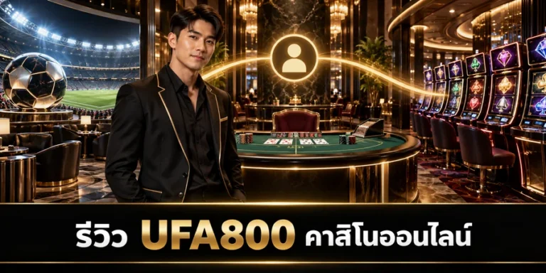 รีวิว UFA800 คาสิโนออนไลน์ ตัวแทนผู้รีวิวยืนระหว่างโซนฟุตบอล โต๊ะคาสิโนสด และสล็อต