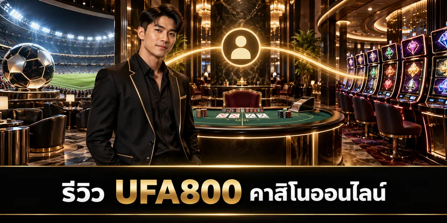 รีวิว UFA800 คาสิโนออนไลน์ ตัวแทนผู้รีวิวยืนระหว่างโซนฟุตบอล โต๊ะคาสิโนสด และสล็อต