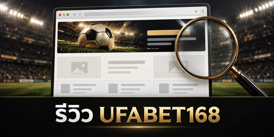 รีวิว UFABET168 ภาพประกอบหน้าต่างเว็บฟุตบอลแบบจำลองพร้อมแว่นขยาย