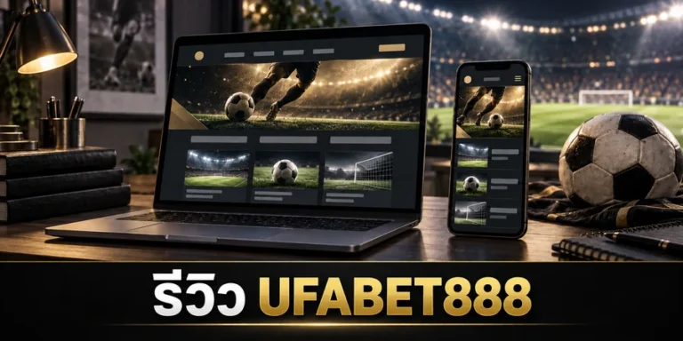 รีวิว UFABET888 ภาพโต๊ะทำงานพร้อมจอคอมพิวเตอร์และมือถือแสดงเว็บฟุตบอลแบบจำลอง