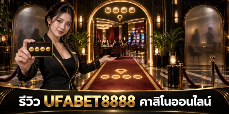 รีวิว UFABET8888 คาสิโนออนไลน์ พนักงานต้อนรับหญิงถือบัตรสี่สัญลักษณ์หน้าทางเข้ากลางที่เชื่อมโต๊ะคาสิโนสดและสล็อต