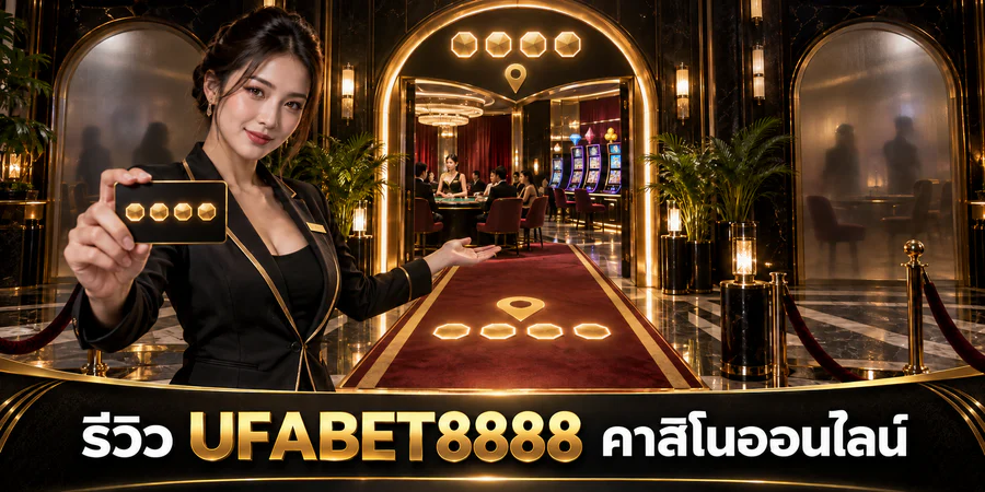 รีวิว UFABET8888 คาสิโนออนไลน์ พนักงานต้อนรับหญิงถือบัตรสี่สัญลักษณ์หน้าทางเข้ากลางที่เชื่อมโต๊ะคาสิโนสดและสล็อต