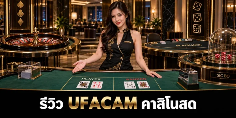 รีวิว UFACAM คาสิโนสด ดีลเลอร์หญิงอยู่กลางโต๊ะบาคาร่า พร้อมโซนรูเล็ต แบล็คแจ็ค และไฮโล