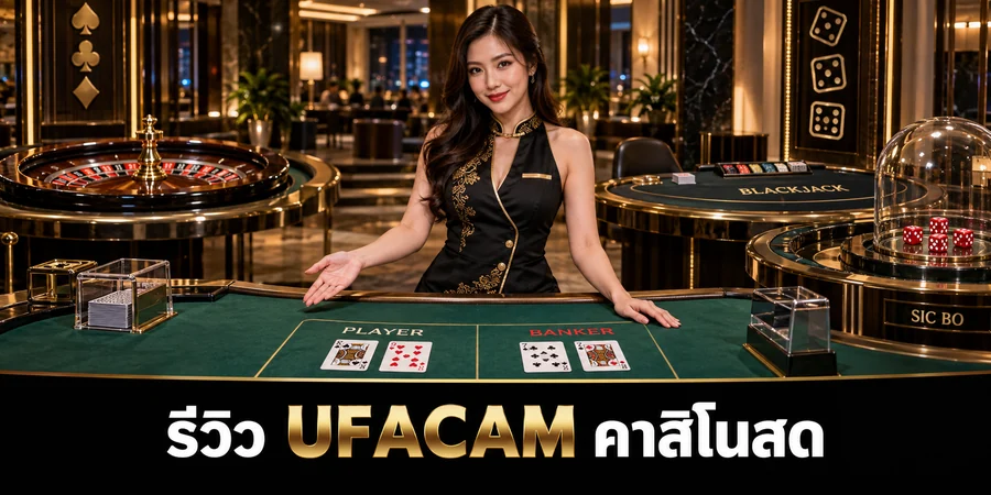 รีวิว UFACAM คาสิโนสด ดีลเลอร์หญิงอยู่กลางโต๊ะบาคาร่า พร้อมโซนรูเล็ต แบล็คแจ็ค และไฮโล