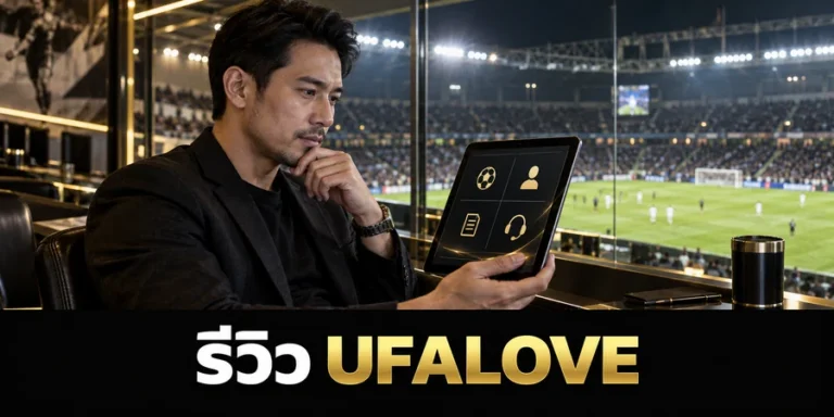 รีวิว UFALOVE ภาพผู้รีวิวฟุตบอลกำลังดูข้อมูลบนแท็บเล็ต โดยมีสนามฟุตบอลยามค่ำอยู่ด้านหลัง