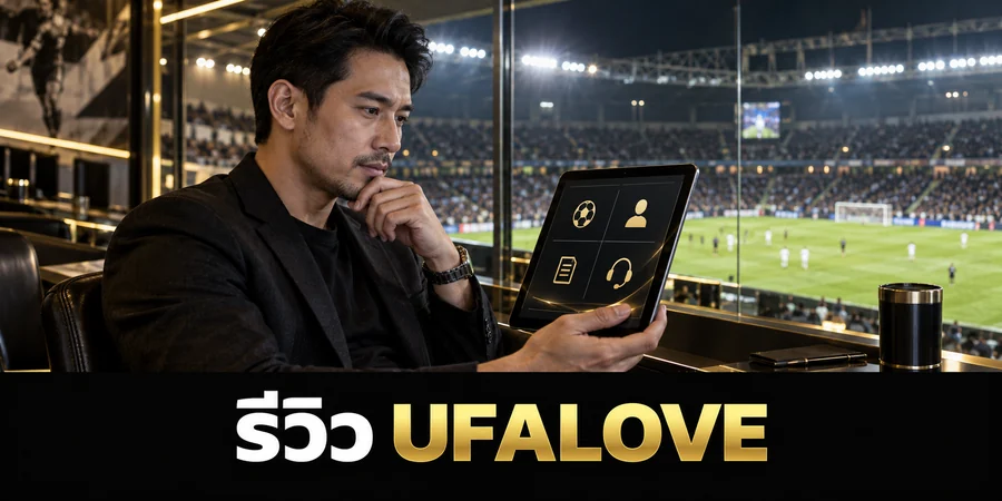 รีวิว UFALOVE ภาพผู้รีวิวฟุตบอลกำลังดูข้อมูลบนแท็บเล็ต โดยมีสนามฟุตบอลยามค่ำอยู่ด้านหลัง