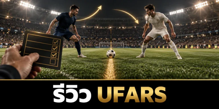 รีวิว UFARS ภาพนักฟุตบอลสองฝั่งข้างเส้นสีทองกลางสนาม พร้อมลูกศรสูงต่ำและการ์ดตรวจรายการ
