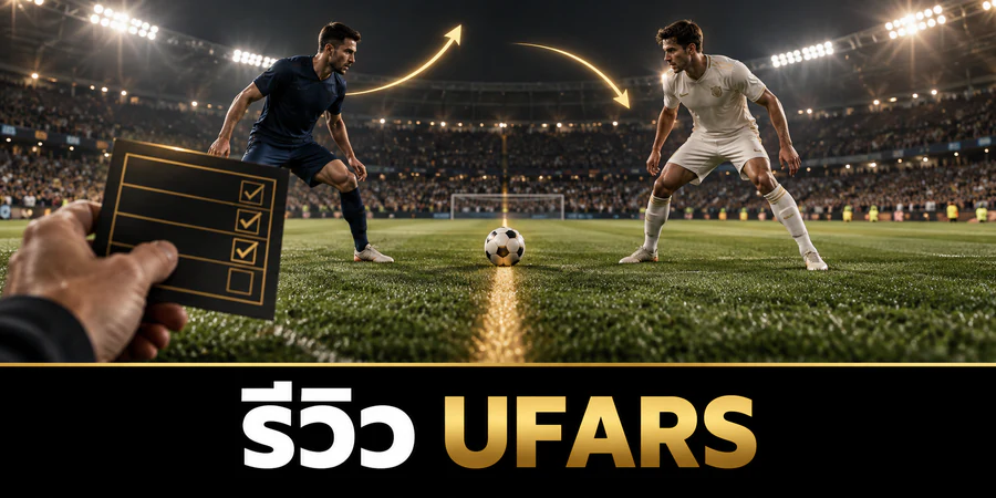 รีวิว UFARS ภาพนักฟุตบอลสองฝั่งข้างเส้นสีทองกลางสนาม พร้อมลูกศรสูงต่ำและการ์ดตรวจรายการ