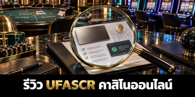 รีวิว UFASCR คาสิโนออนไลน์ แว่นขยายตรวจบัตรสมาชิก เส้นทาง เงื่อนไข และสถานะรายการ โดยมีโต๊ะบาคาร่าและสล็อตอยู่ด้านหลัง