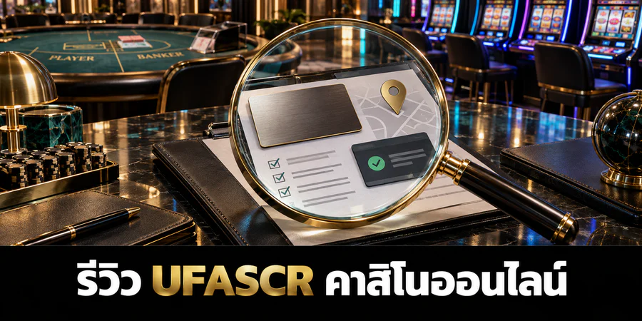 รีวิว UFASCR คาสิโนออนไลน์ แว่นขยายตรวจบัตรสมาชิก เส้นทาง เงื่อนไข และสถานะรายการ โดยมีโต๊ะบาคาร่าและสล็อตอยู่ด้านหลัง