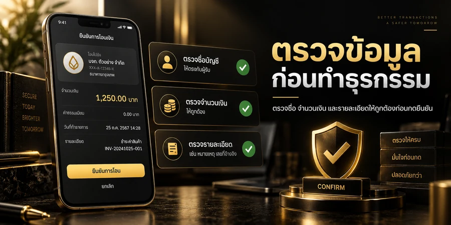 เช็กรายละเอียดบัญชี จำนวนเงิน และข้อมูลก่อนยืนยันธุรกรรม