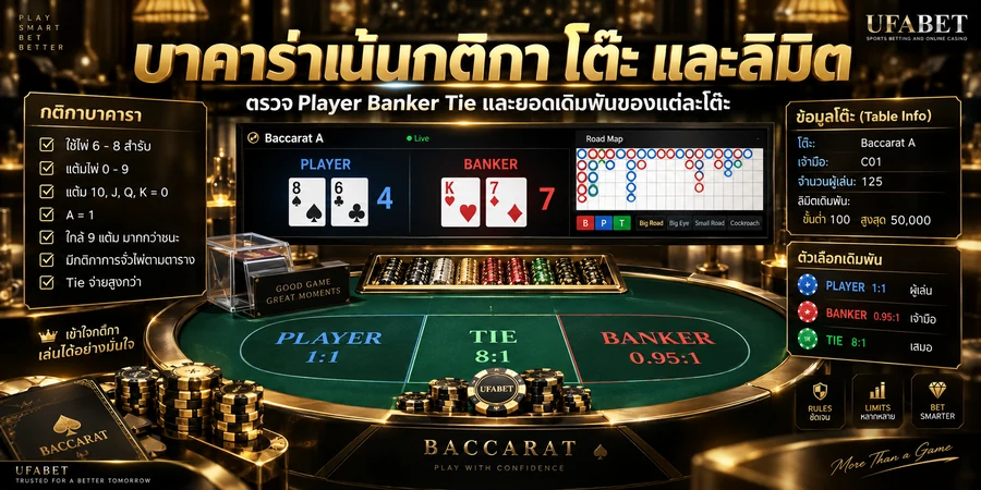 กติกาบาคาร่าสำหรับ Player Banker Tie พร้อมข้อมูลโต๊ะและลิมิต
